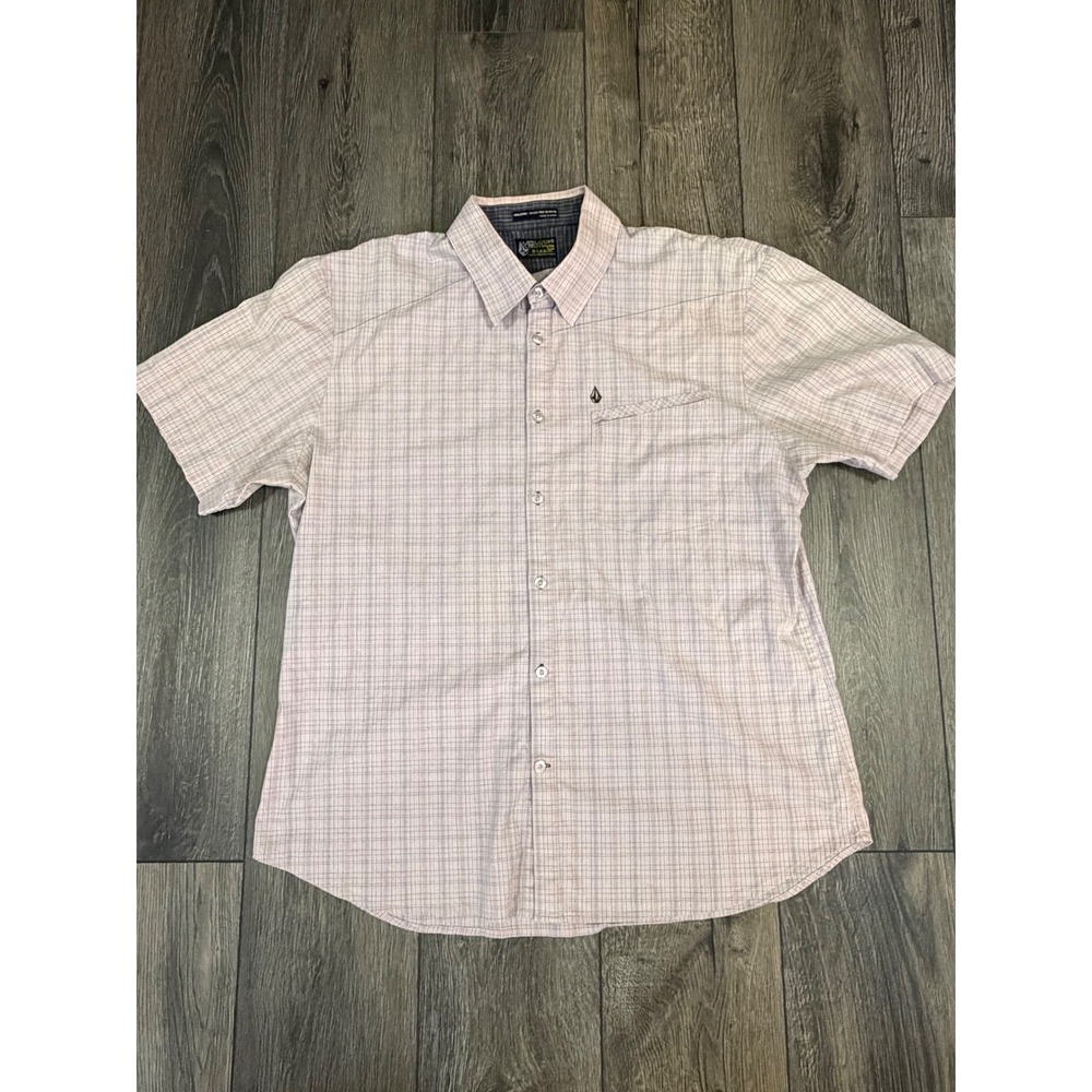 Volcom‎ Tailored Plexi Button Down Shirt Pink Grey Plaid XL Short Sleeve Skate